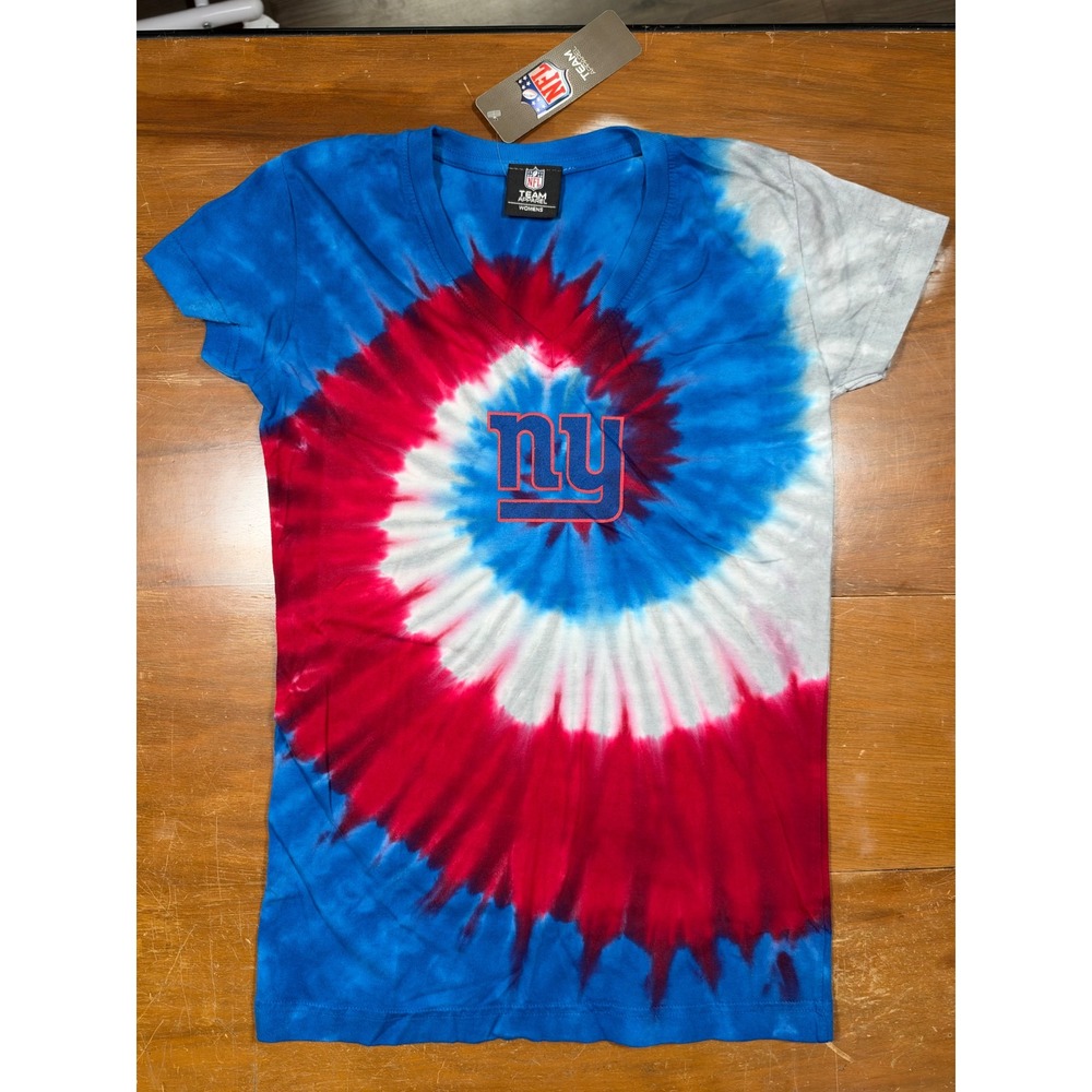 NWT NY Giants NFL Team Apparel T-Shirt Women's S Blue Red Tie-Dye V-Neck 3607
